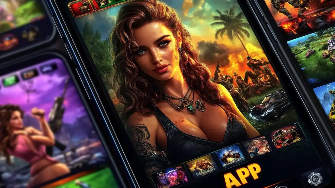 A close-up of the 1111bet mobile app on a smartphone, featuring an intense, action-themed slot game with a strong female character, promising an adventurous gaming experience.