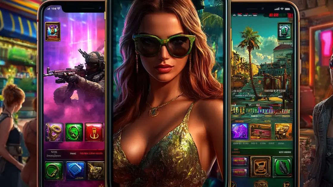 A display of multiple smartphones showcasing the wide variety of games available on the 1111bet app, from glamorous slots to action-packed shooter-themed games.