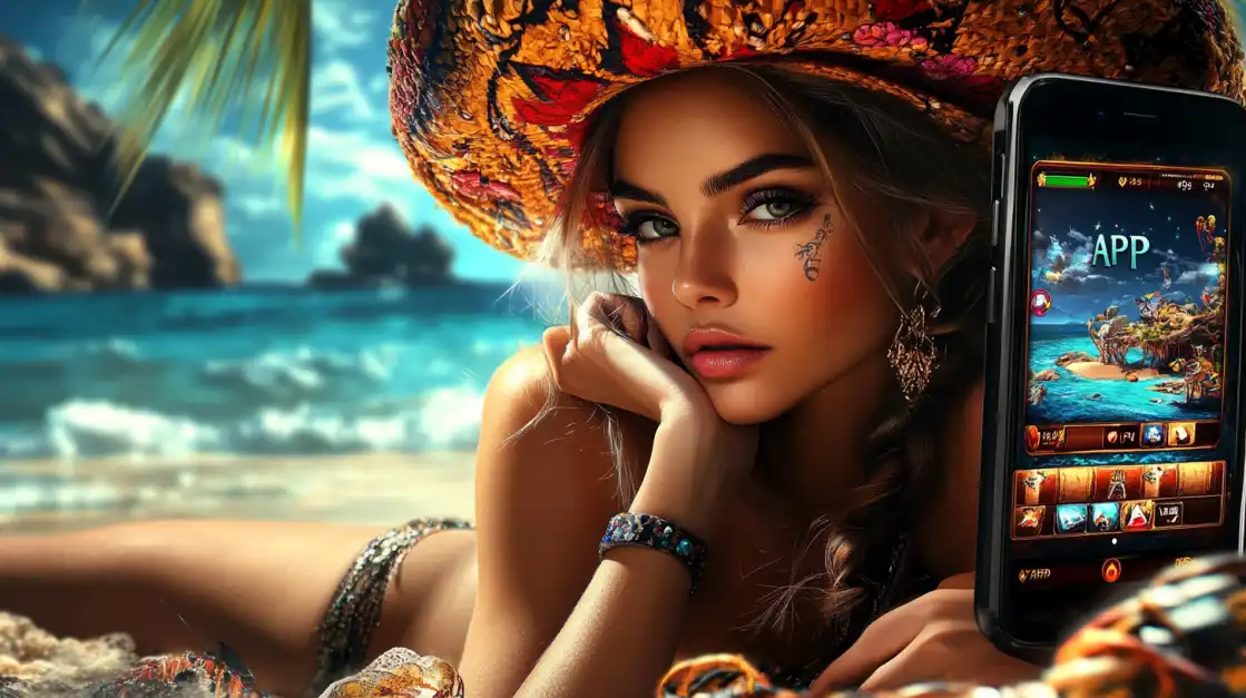A relaxed woman on a sunny beach holds a smartphone showing the 1111bet casino app, demonstrating the freedom to play your favorite games from anywhere in the world.