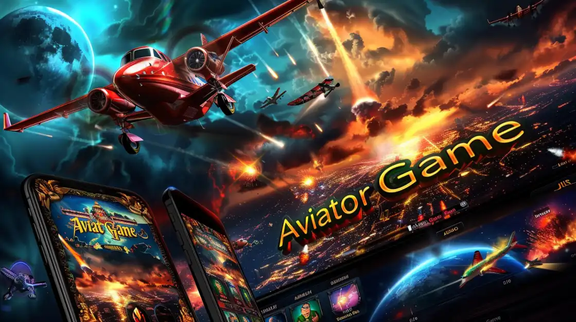 An epic, action-packed scene of the Aviator Game, showing a red plane in an aerial battle above a city, with the 1111bet game interface displayed on mobile phones in the foreground.