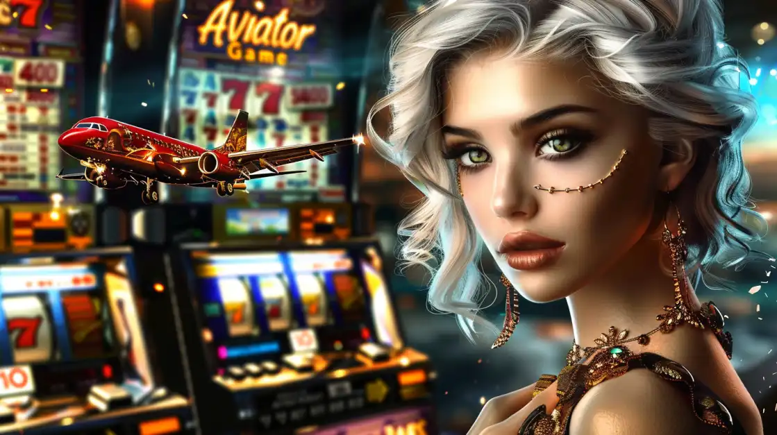 An elegant woman with white hair stands in a bustling 1111bet casino as an airplane from the Aviator Game flies past, blending modern crash games with a classic slot machine atmosphere.
