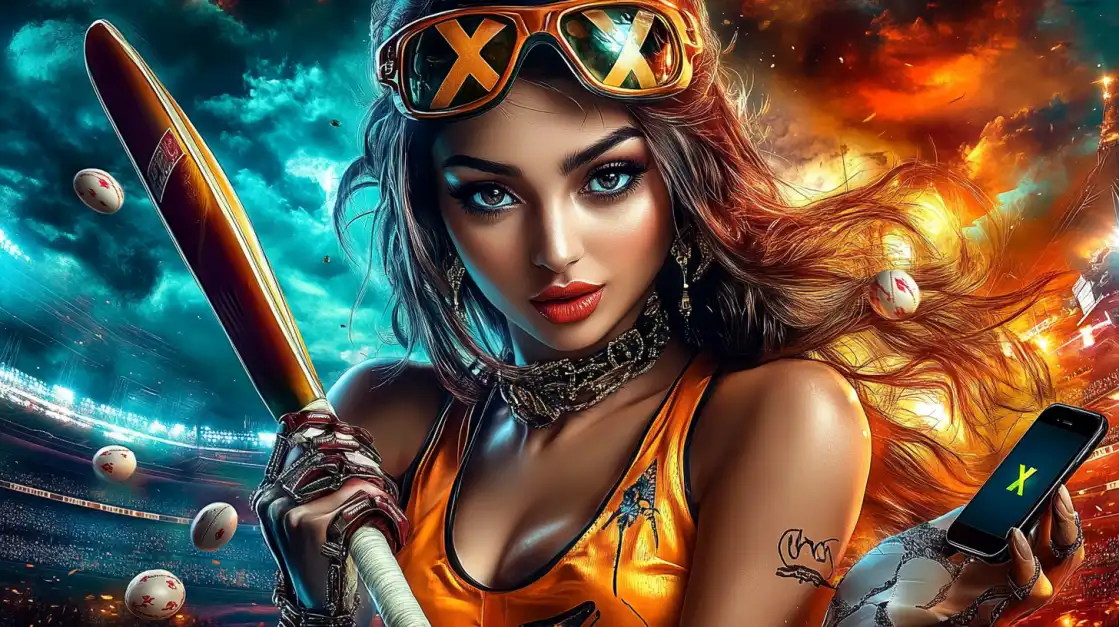 A stylish woman holding a baseball bat and a smartphone with the 1111bet app, ready to bet on a game in a vibrant stadium, illustrating the excitement of mobile sports betting.