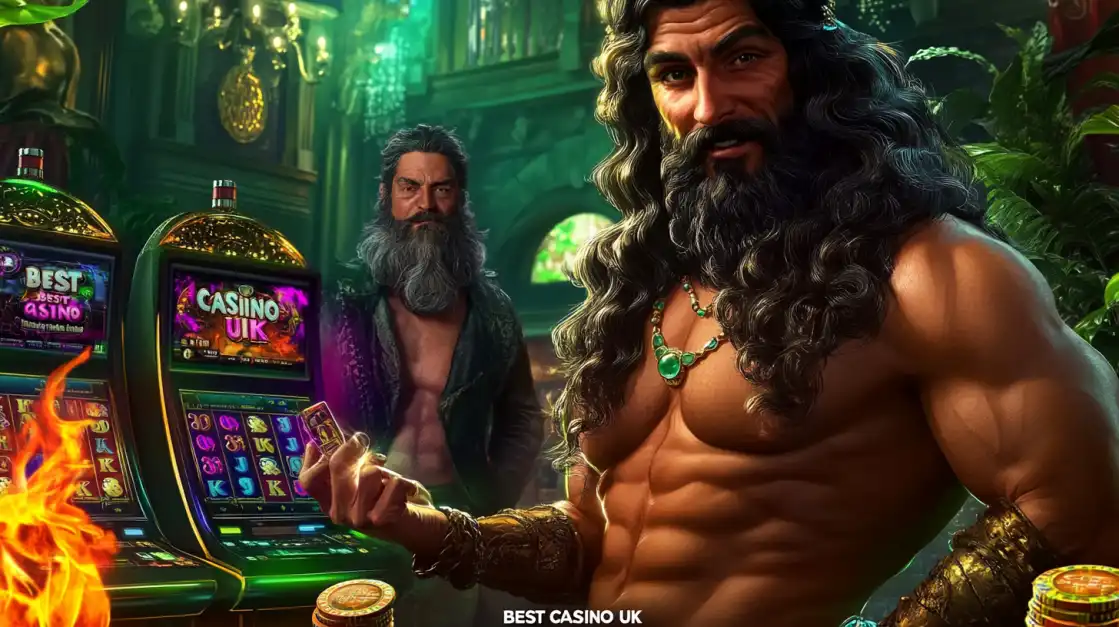 Two powerful, god-like men playing slots in a luxurious casino, representing the epic gaming experience at 1111bet, highlighted as one of the best casino platforms in the UK.