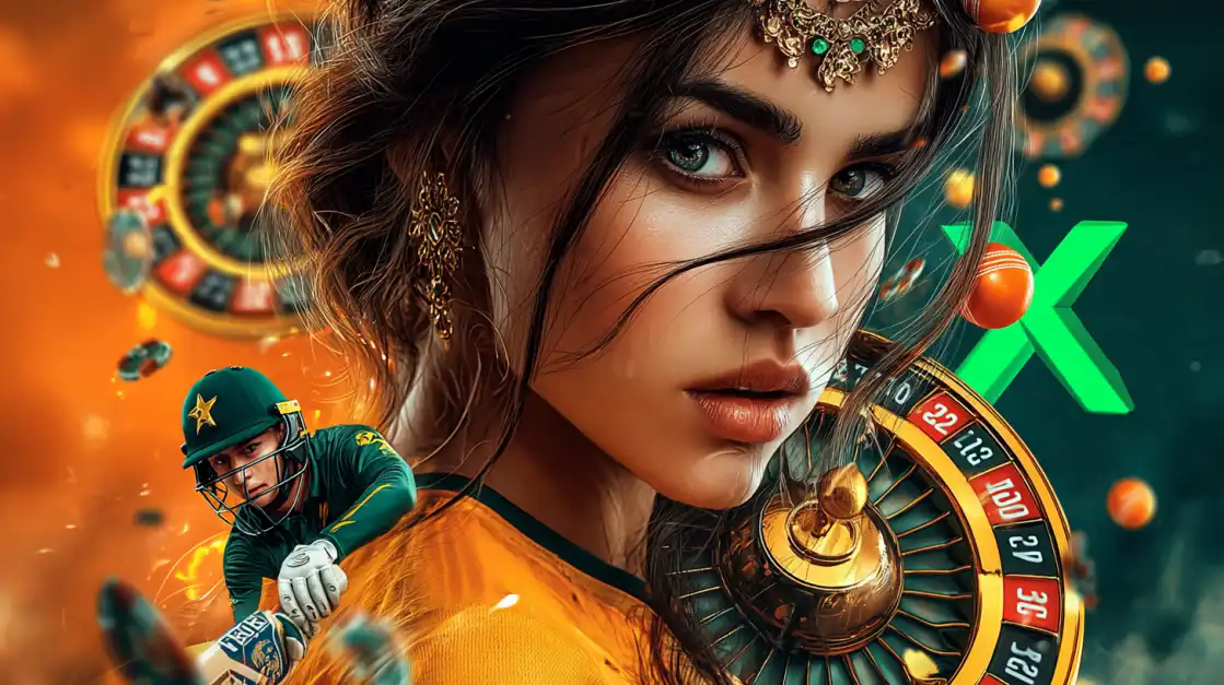 A composite image for 1111bet featuring a beautiful woman with elegant jewelry, a cricket player in action, and roulette wheels, showcasing the platform's variety of casino and sports betting.