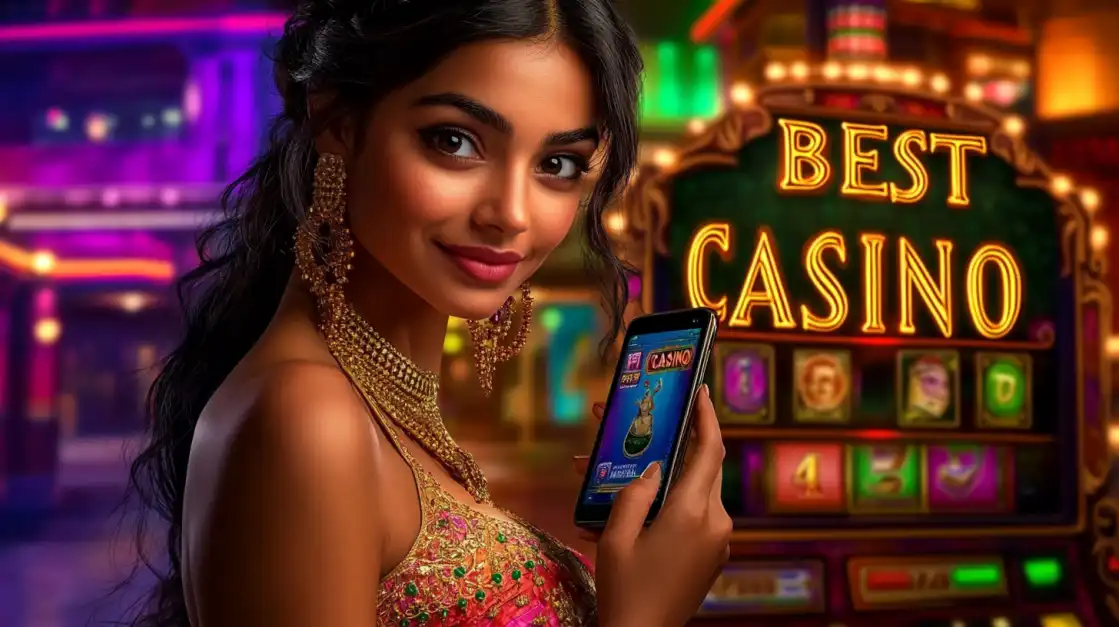 An elegantly dressed woman smiles as she holds her phone with the 1111bet app, standing before a vibrant slot machine with a BEST CASINO sign glowing brightly.