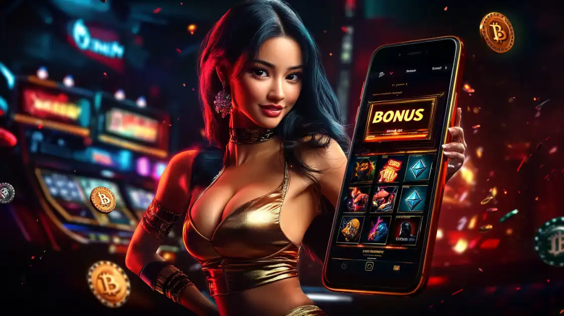 A beautiful woman in a dazzling gold top holds a smartphone displaying the 1111bet bonus section, with Bitcoin symbols floating in a neon-lit casino environment.