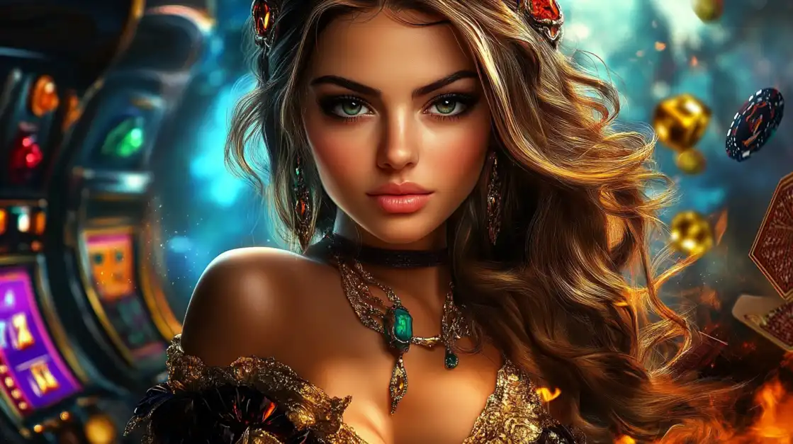 A stunning woman with captivating green eyes and flowing brown hair, adorned with jewels, looks directly at the viewer in a vibrant 1111bet casino setting with slot machines in the background.