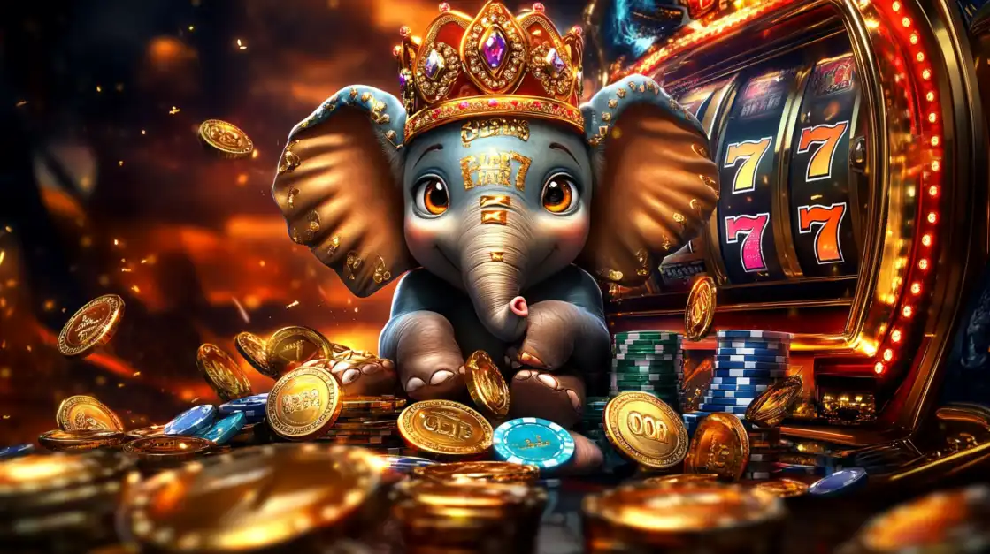 A cute baby elephant wearing a royal crown sits on a pile of gold coins and casino chips in front of a glowing 1111bet slot machine showing a 777 jackpot, symbolizing big wins.