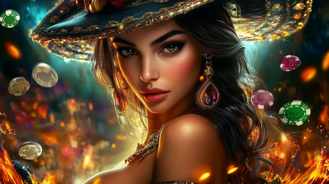 A beautiful woman in an elegant, jewel-encrusted hat glances over her shoulder amidst a shower of floating poker chips, representing the exciting atmosphere of the 1111bet online casino.