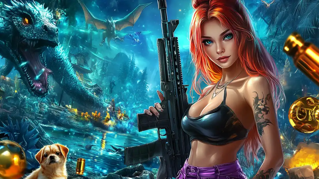 A red-haired female warrior holding a rifle stands in a fantasy world filled with dragons, showcasing the adventurous and action-packed slot games you can explore at 1111bet.