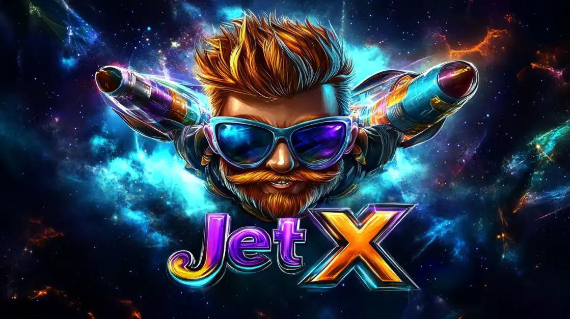 A stylized man with a jetpack and cool sunglasses against a cosmic background, representing the thrilling JetX crash game you can play for big wins at 1111bet online casino.