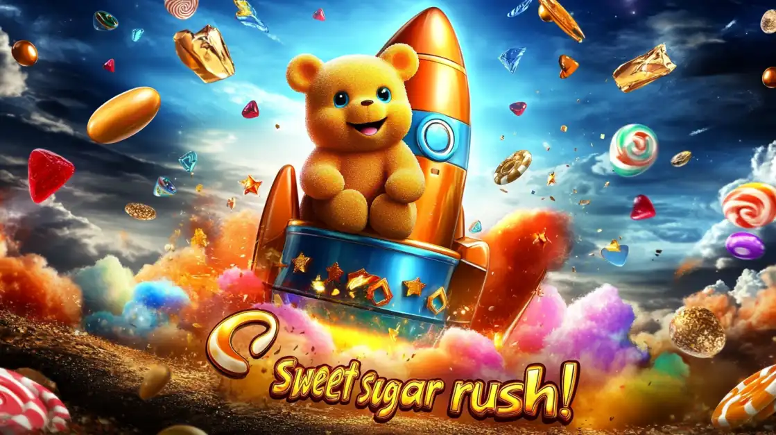 A cheerful teddy bear rides a rocket through a fantasy land made of candy and sweets in the Sweet Sugar Rush slot game, one of the many fun titles available at 1111bet.