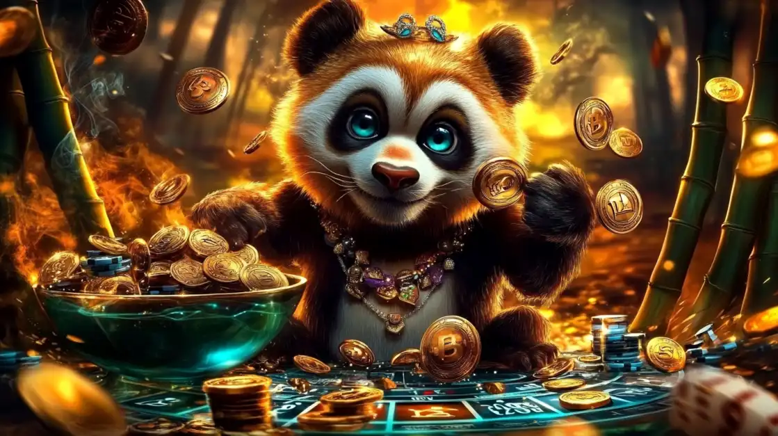 An adorable red panda in a bamboo forest sits at a casino table with a bowl full of gold and Bitcoin coins, representing the fun and rewarding crypto games at 1111bet.