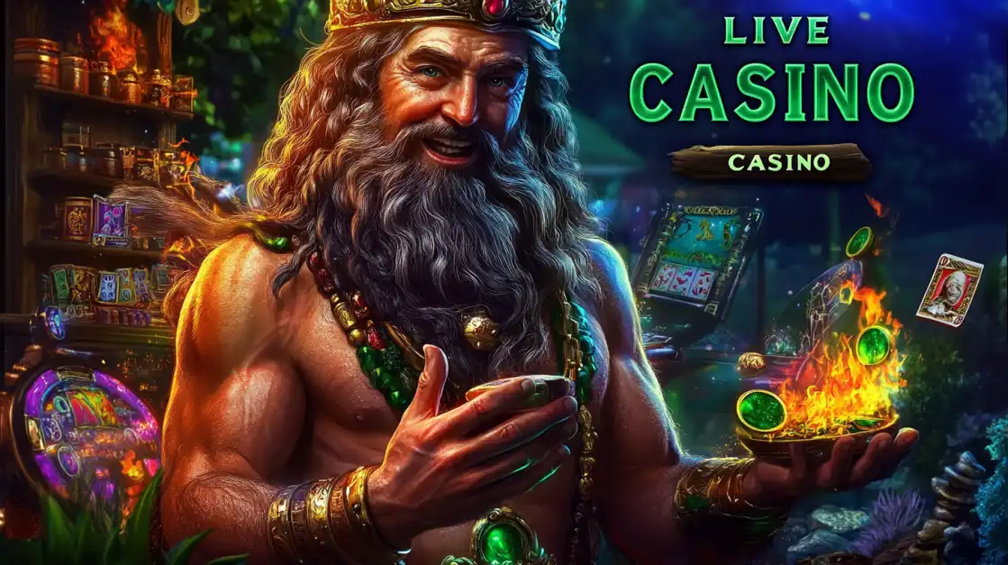 A powerful, bearded king or god welcomes players to the 1111bet Live Casino, holding a bowl of fire with chips, promising a mythical and immersive real-time gaming experience.