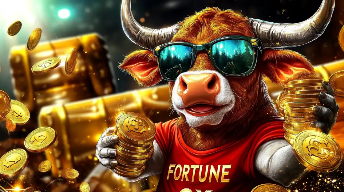 A cool bull in sunglasses, the Fortune Ox, happily holds stacks of gold coins, representing the bull market of big wins available in this exciting casino game on 1111bet.