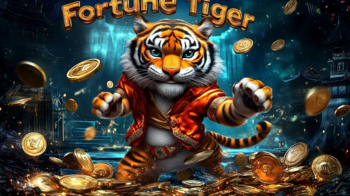 The majestic Fortune Tiger, dressed in a red jacket, is surrounded by a shower of gold coins, symbolizing the wealth and luck awaiting players in this popular 1111bet slot game.