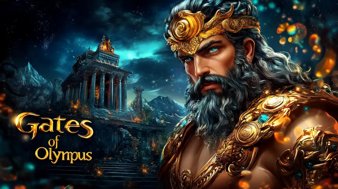 The mighty Greek god Zeus stands before the Gates of Olympus, ready to unleash powerful features and divine rewards in this epic slot game offered by 1111bet casino.